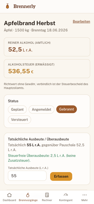 Brennvorgang mit Ausbeute, Steuer und steuerfreier Überausbeute